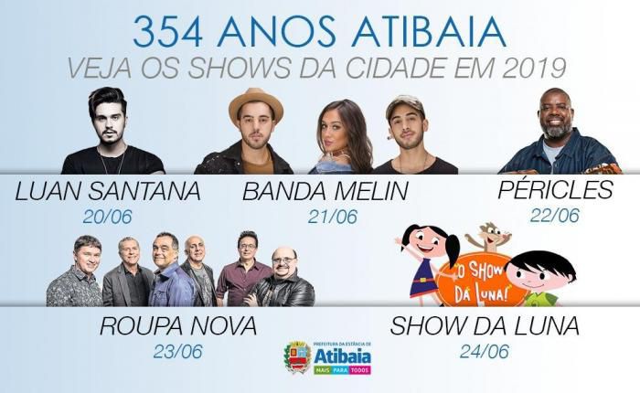 Aniversário de 354 anos de Atibaia terá shows de Luan Santana, Melim, Péricles, Roupa Nova e Luna