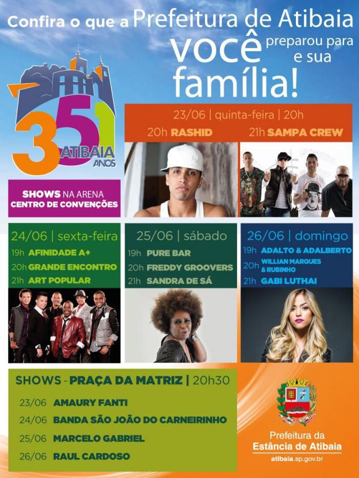 Atibaia comemora 351 anos com shows no Centro de Convenções e festas juninas