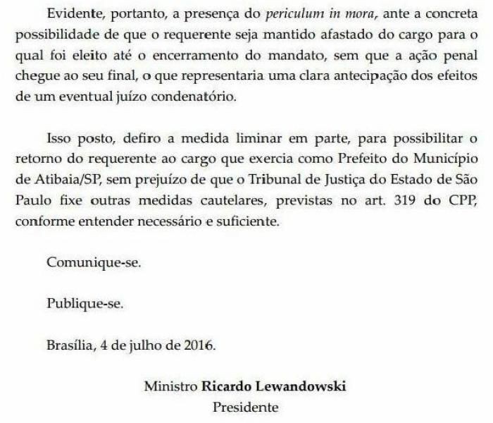 PRESIDENTE DO SUPREMO TRIBUNAL FEDERAL RECOLOCA SAULO PEDROSO NO CARGO