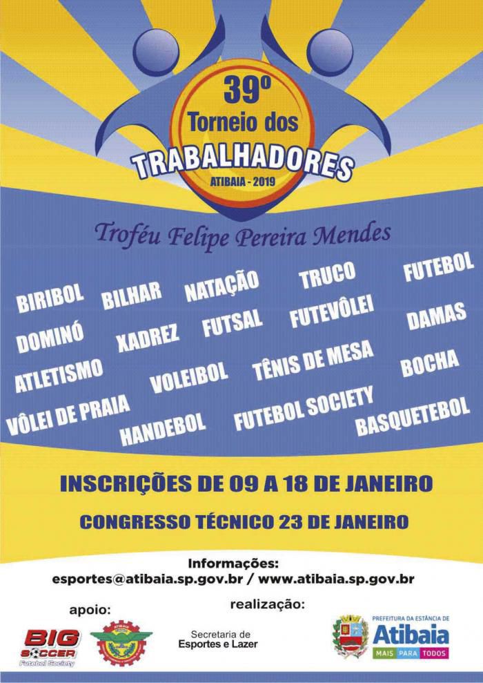 Já estão abertas as inscrições para o 39º Torneio dos Trabalhadores de Atibaia